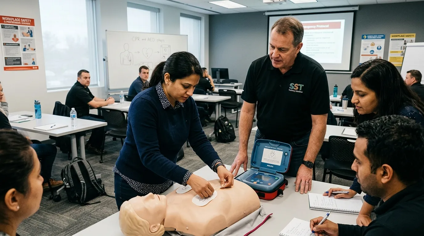 Entraînement au massage cardiaque sur mannequin en formation SST à Saint-Herblain